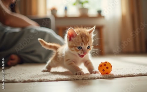 A playful orange kitten joyfully pounces towards a colorful ball on a soft carpet. photo