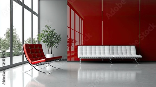 Modern Interior Design: Red and White Luxury Living Space with Stunning City Views