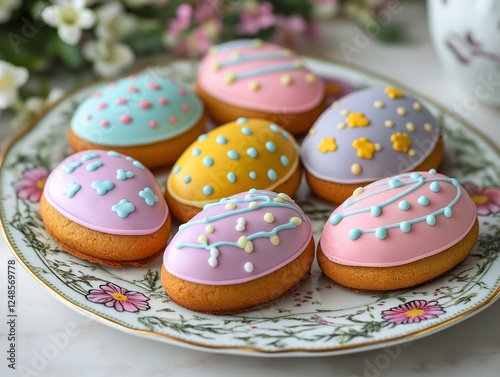 Easter egg-shaped cookies with colorful icing arranged on a plate