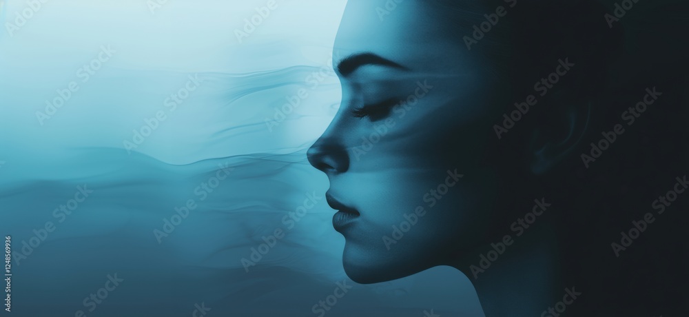 Serene profile of a woman with ethereal blue tones and flowing textures, capturing tranquility and beauty, copy space for text Serene profile of a woman with ethereal blue tones and flowing textures, capturing tranquility and beauty, copy space for text
