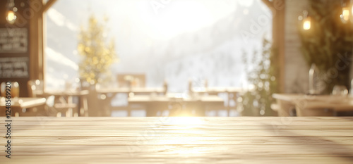 Wooden table for displaying products or advertisements with a cafe background and cafe items with blurry background