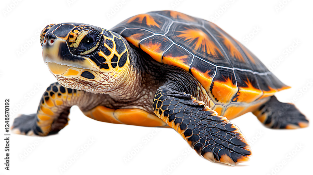 Obraz premium Juvenile Hawksbill Sea Turtle: A captivating close-up of a young Hawksbill sea turtle, showcasing its vibrant orange and black shell pattern and endearingly curious gaze.&nbsp;