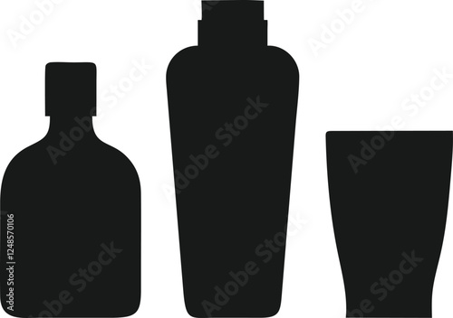 Silhouette of Cocktail Ingredients: Bottle, Shaker, and Glass