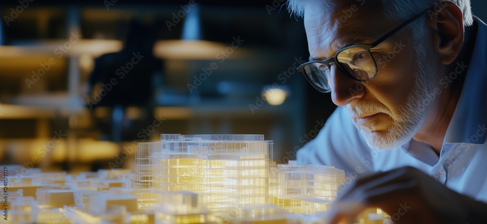 Architect examining illuminated architectural model with intricate details and designs, copy space for text Architect examining illuminated architectural model with intricate details and designs, copy space for text