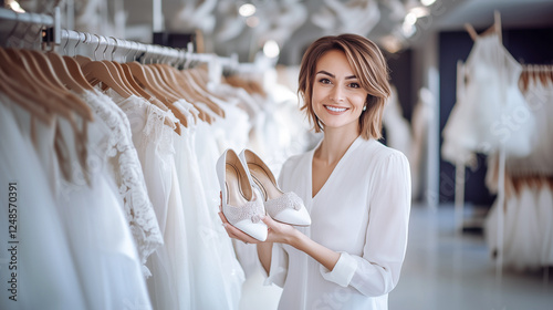 Shoe seller. Smiling female salesperson demonstrating elegant white shoes in bridal salon-shop. Salesperson with stylish shoes in modern bridal clothing store