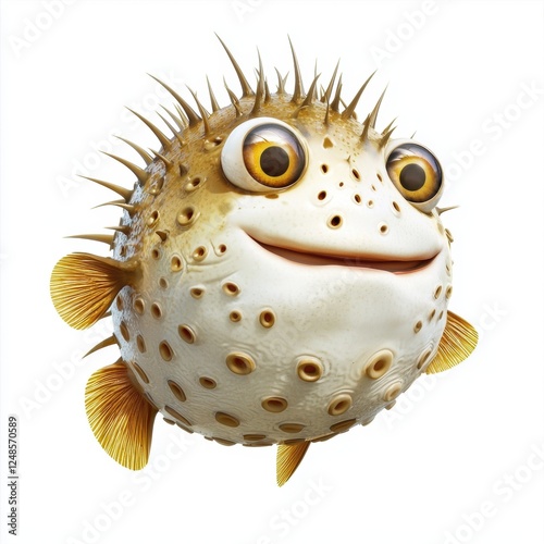 Funny pufferfish puffed up, isolated on white background photo