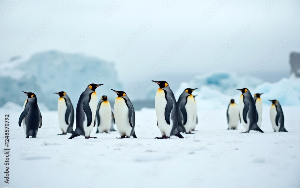 Obraz premium A group of emperor penguins standing on the snowy ground, surrounded by icy landscapes.