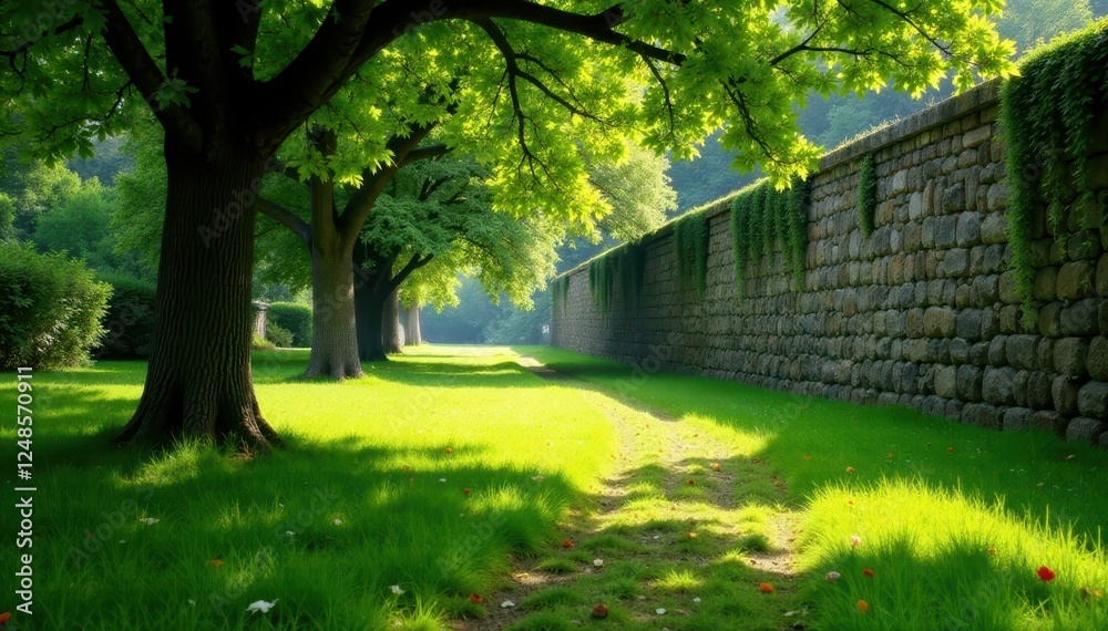 Obraz premium Fairway bordered by ancient stone wall, dappled sunlight, shadow, scenic