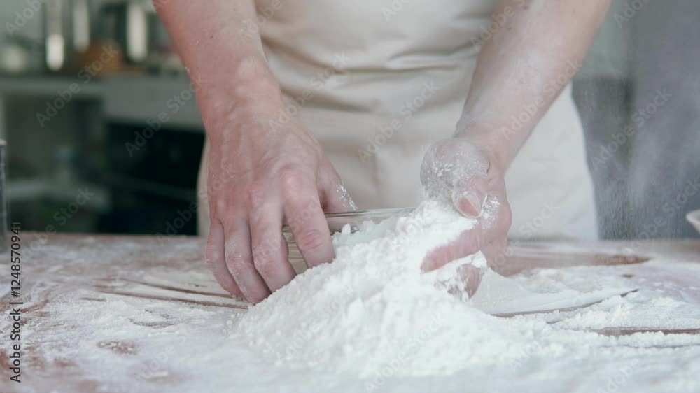 A cook in a bakery kitchen pours flour into a measuring cup. A professional baker prepares dough for bread or dessert and pizza. Slow motion. A cook in a bakery kitchen pours flour into a measuring cup. A professional baker prepares dough for bread or dessert and pizza. Slow motion.