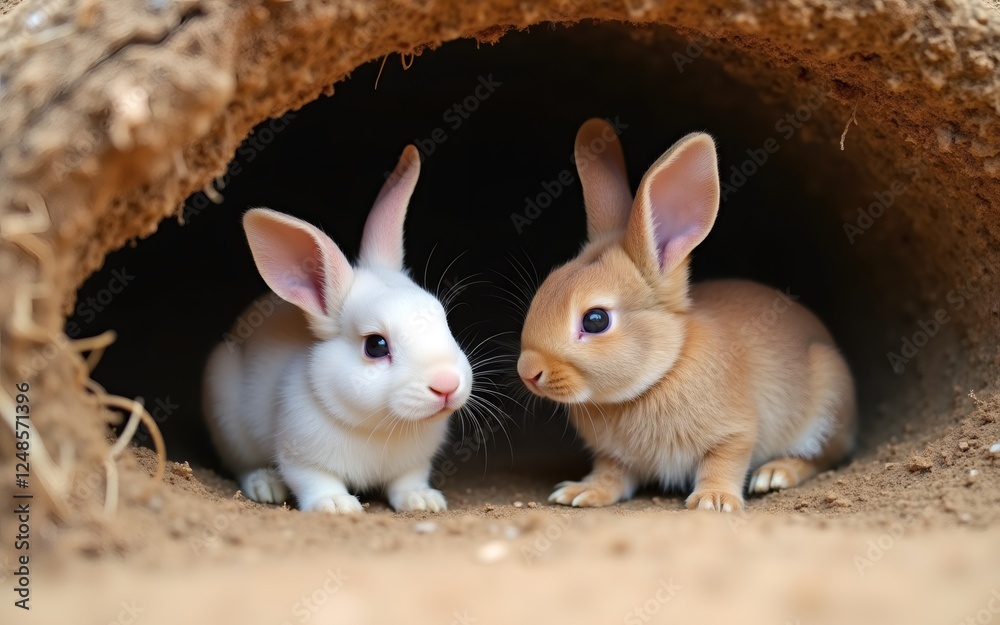 Two adorable rabbits share a cozy moment in their earthy burrow.