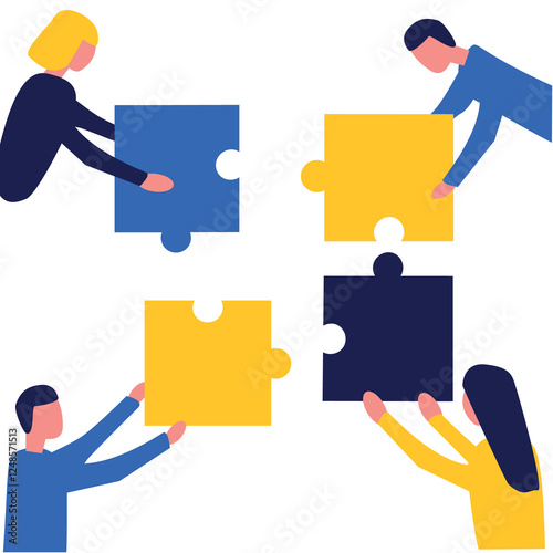 Business concept. Team metaphor. People connect puzzle elements. Flat illustration in flat design style. Teamwork, collaboration, partnership. Businessmen working together and moving towards success.