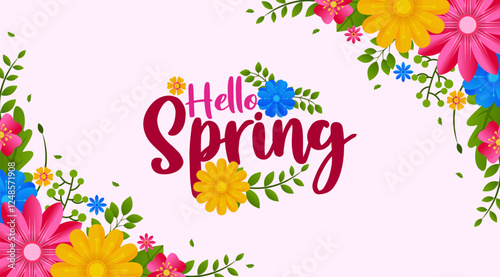 Cute Hello Spring card background or poster for spring holidays with floral and leaf elements. Template for Easter, birthday or Mother's Day decoration and greetings