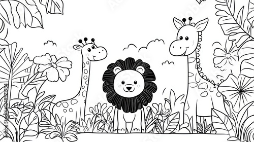 Cute cartoon animals in a jungle scene for coloring book photo