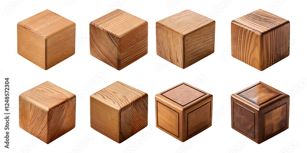 Variety of Wooden Cubes with Different Textures and Finishes, isolated on transparent background Variety of Wooden Cubes with Different Textures and Finishes, isolated on transparent background