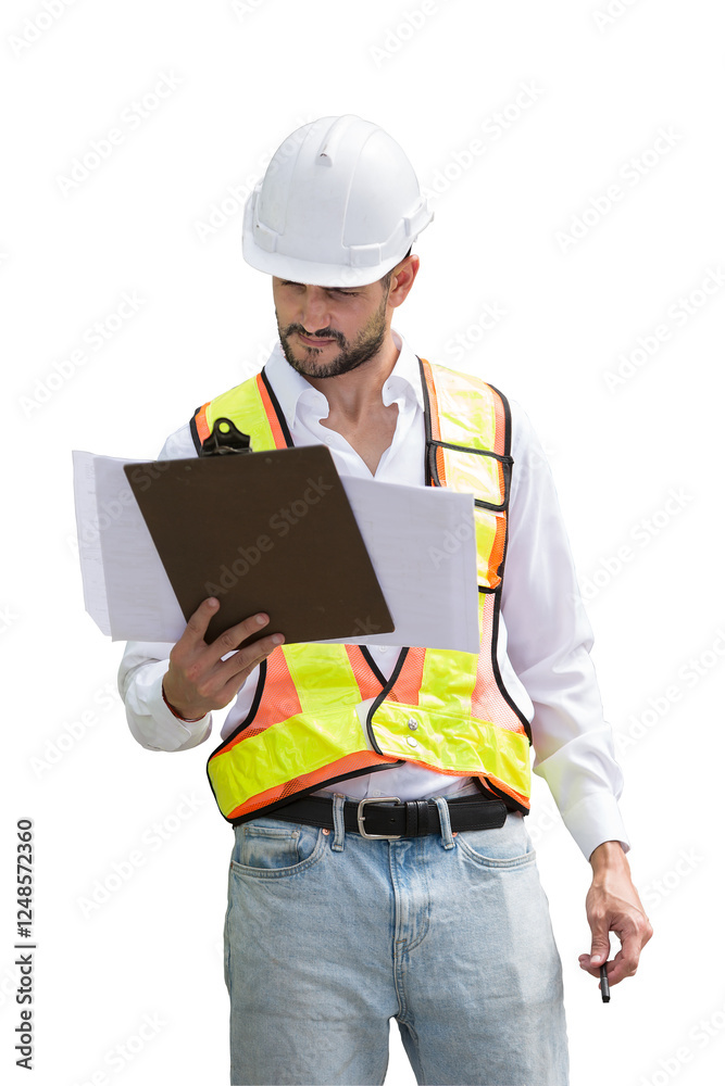 Portrait of male engineer construction working on transparent background. Male construction builder standing on transparent background Portrait of male engineer construction working on transparent background. Male construction builder standing on transparent background