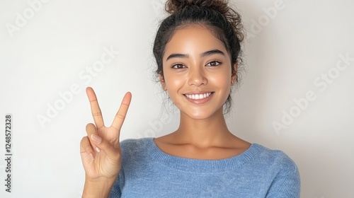 Realistic photo of a woman making a peace sign with her hand, smiling, against a neutral background.