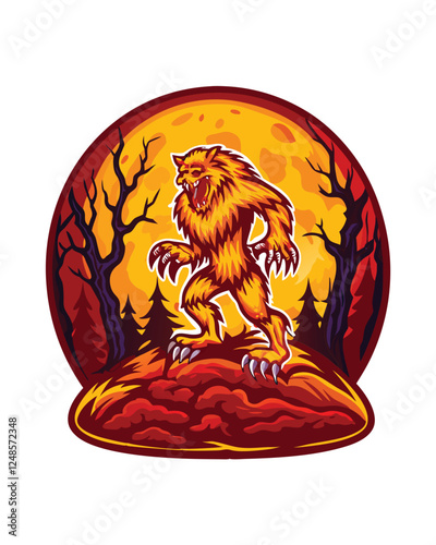 A monstrous, fur-covered werewolf, eyes glowing, howls fiercely beneath a blood-red moon, claws extended.  Detailed fur, sharp teeth, menacing expression.