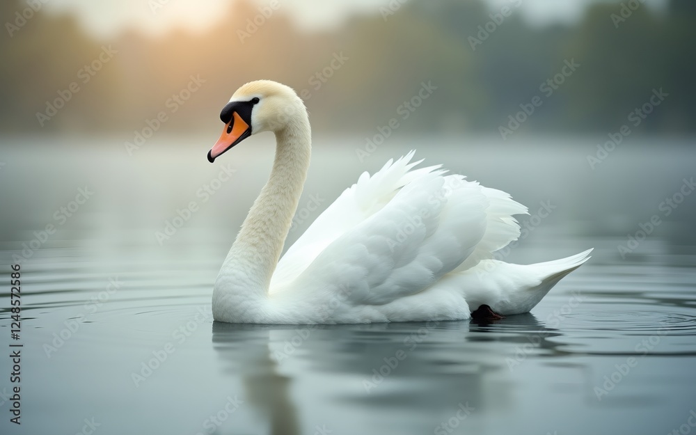 Fototapeta premium A graceful swan glides through tranquil waters, creating serene ripples in the misty morning light.