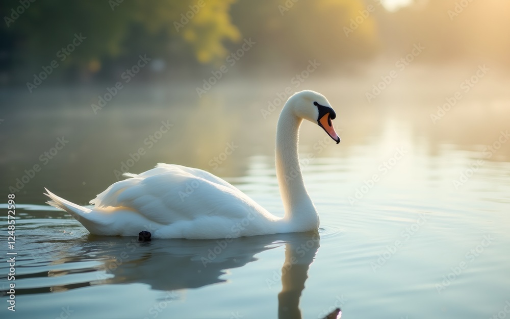 Obraz premium A serene swan gliding gracefully across a misty lake at sunrise.