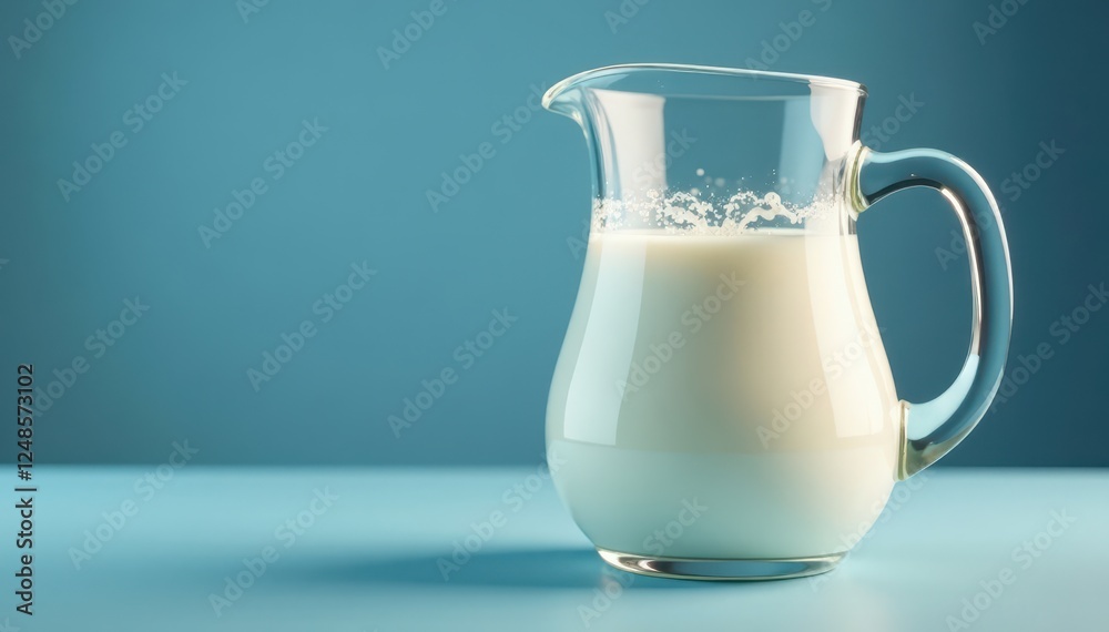 Full glass milk pitcher, condensation visible, table, kitchen Full glass milk pitcher, condensation visible, table, kitchen