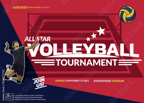 Attractive Volleyball Tournament Poster with illustration of volleyball players doing a smash and attractive tournament logo, and a very attractive, very elegant gold title for a sporty and active.