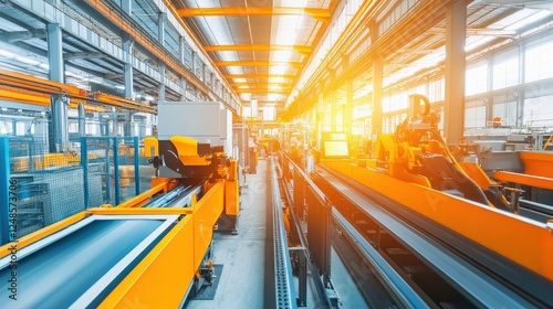 Modern industrial manufacturing facility with automated machinery and bright lighting