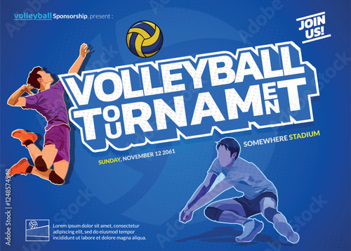 Volleyball Tournament Poster with elegant minimalist style, with illustration of volleyball court and two volleyball players in action, very elegant for sporty, active and dynamic sports poster.17