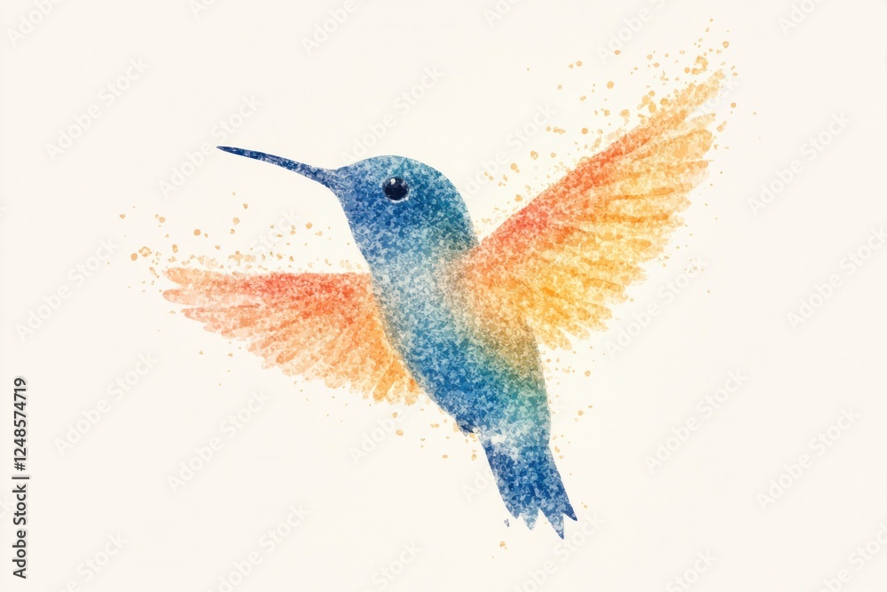 Obraz premium Colorful watercolor hummingbird illustration with vibrant orange and blue feathers, showcasing beauty and grace in nature
