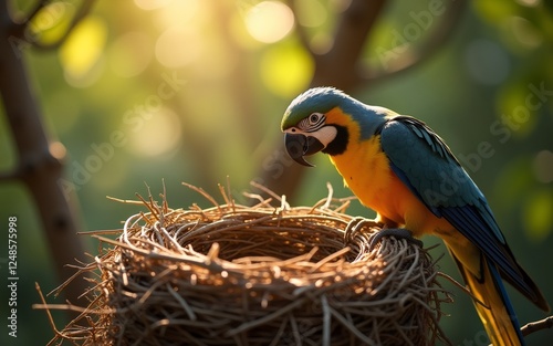 A vibrant parrot perched beside its nest, illuminated by warm sunlight filtering through foliage.