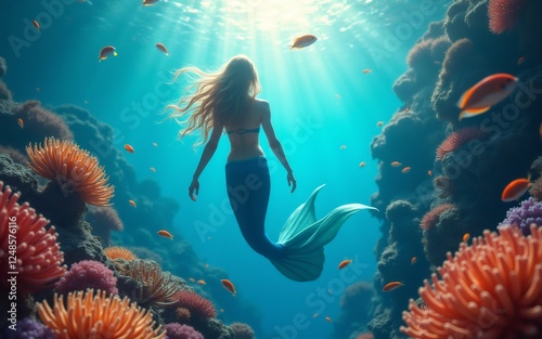 A serene underwater scene featuring a mermaid swimming gracefully amidst colorful coral and tropical fish.
