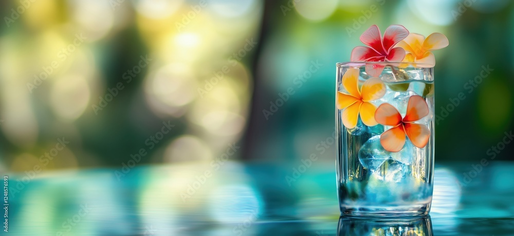Colorful tropical flowers floating in glass of water with ice cubes, vibrant bokeh background, copy space for text Colorful tropical flowers floating in glass of water with ice cubes, vibrant bokeh background, copy space for text