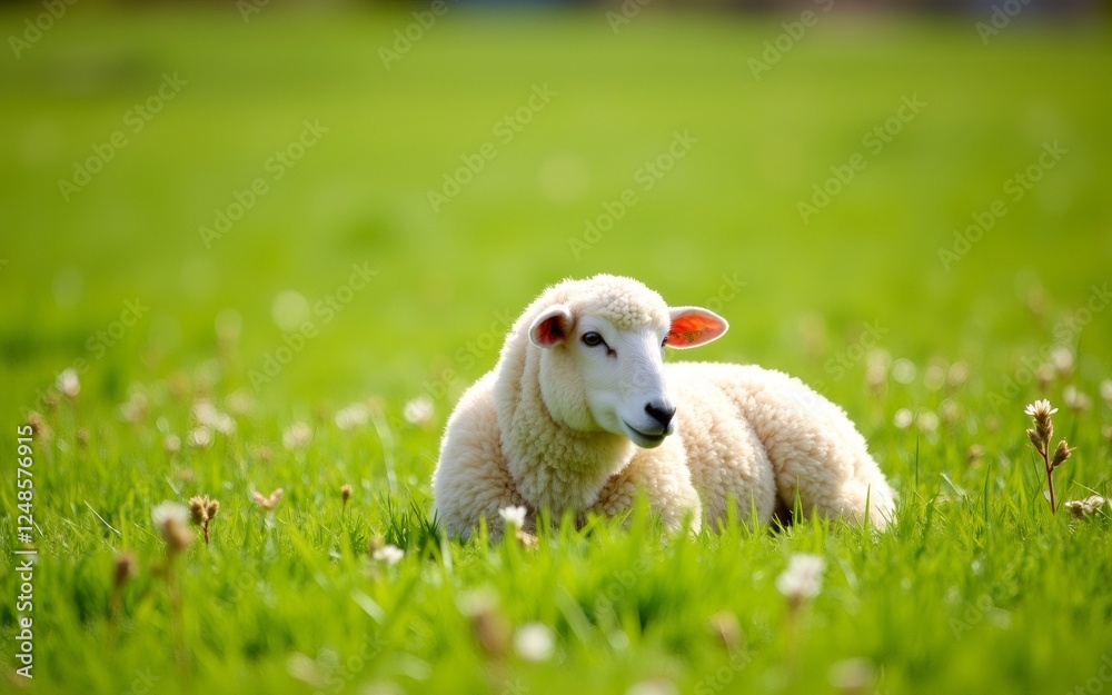 Obraz premium A fluffy sheep resting in a vibrant green meadow filled with wildflowers.