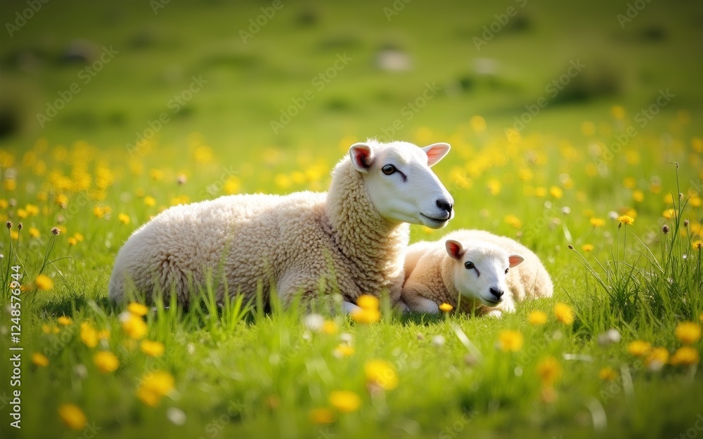 Fototapeta premium A serene scene of a mother sheep and her lamb resting in a vibrant field of flowers.