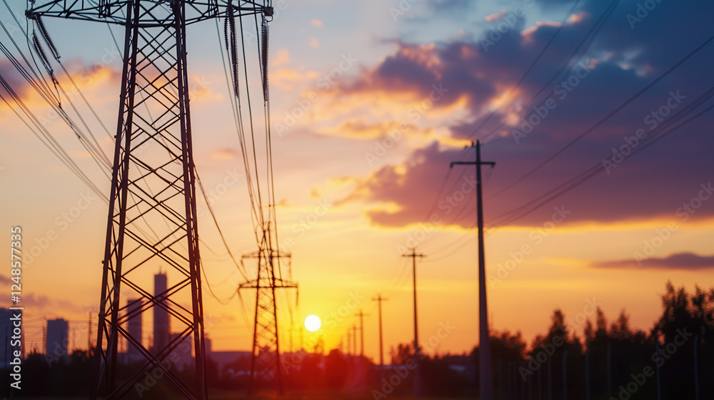 Fototapeta premium Sunset over power lines with silhouettes of towers and buildings in background, creating serene atmosphere