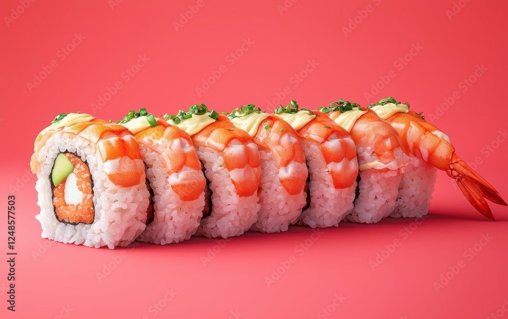3D icon cartoon of Flying tiger roll with shrimp tempura, spicy mayo, and tobiko on a pastel red background 3D icon cartoon of Flying tiger roll with shrimp tempura, spicy mayo, and tobiko on a pastel red background