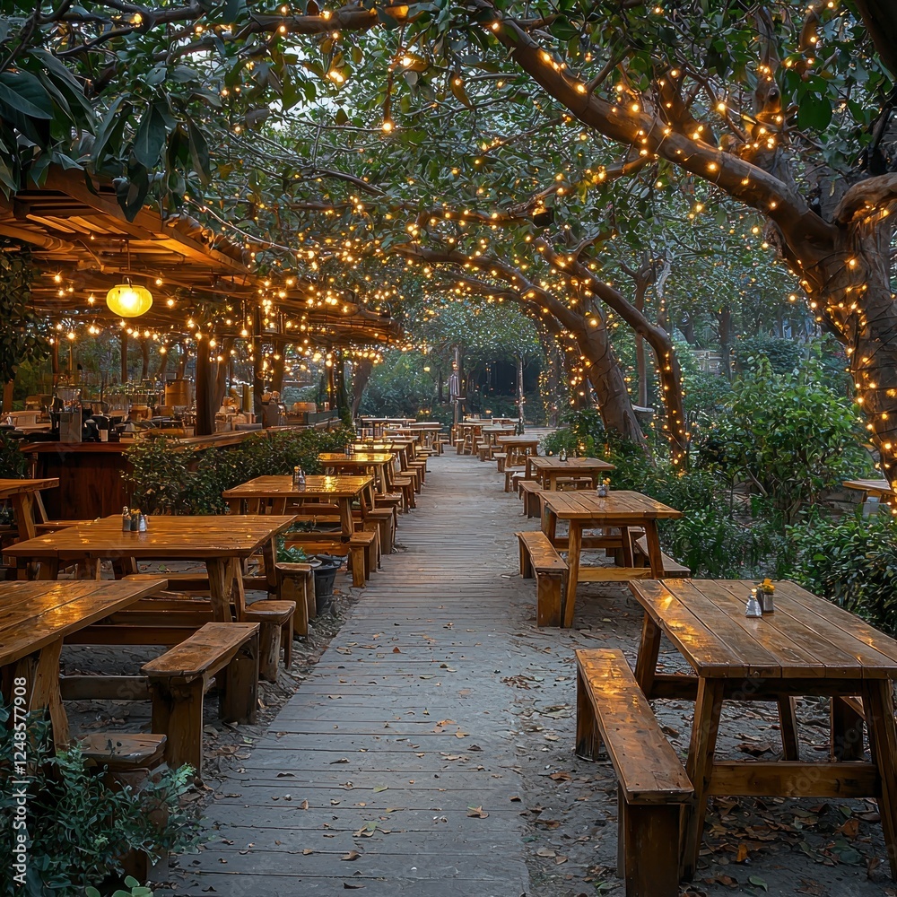 Fototapeta premium Cozy outdoor dining area adorned with fairy lights, surrounded by greenery, creating a warm atmosphere for gatherings