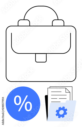 Business briefcase above a percent sign, documents, and a gear. Ideal for finance, organization, administration, management, calculation business operations office work. Abstract line flat metaphor