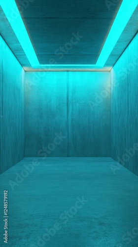 Empty Modern Concrete Room Interior Design with Turquoise Lighting