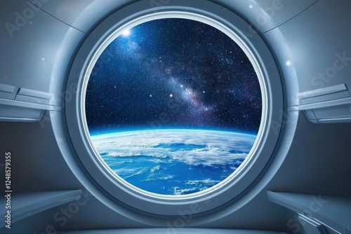 Fototapeta Naklejka Na Ścianę i Meble -  Earth view through spacecraft window with milky way galaxy and starry night sky, space station porthole perspective