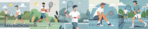 vector set of a young man playing tennis