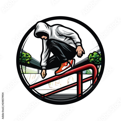 A dynamic image of a parkour athlete, clad in a gray hoodie and black sweatpants, executing a daring maneuver in a vibrant urban park.