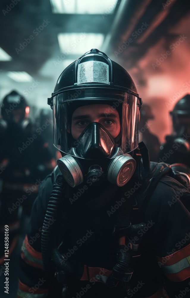 Fototapeta premium Man wearing gas mask and helmet