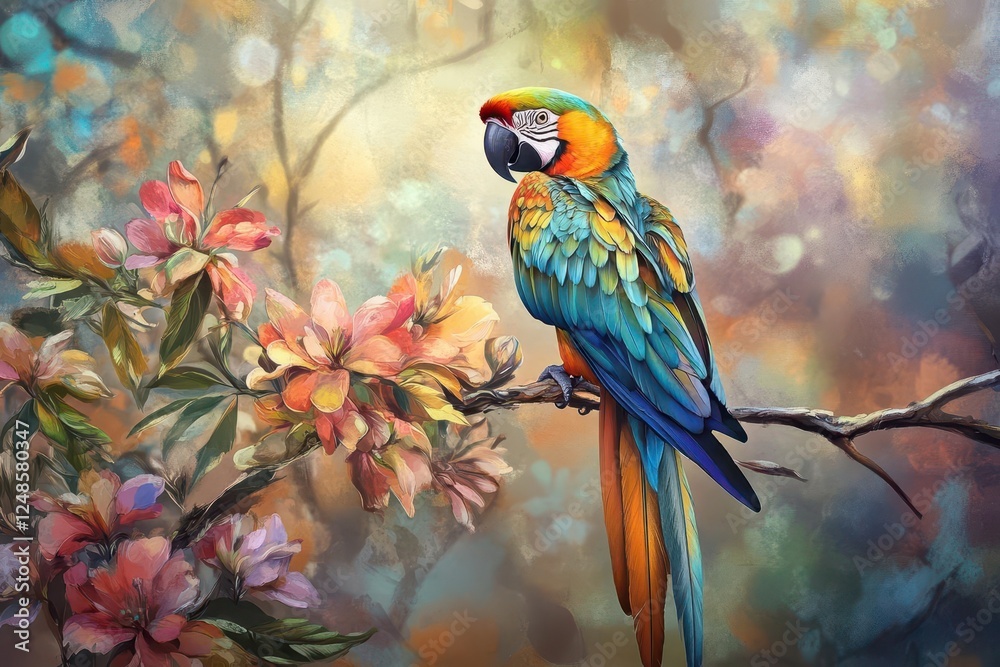 Obraz premium a vibrant macaw perched on a flowering branch, iridescent feathers catching sunlight, dramatic bokeh background, hyper-detailed plumage in rich tropical colors