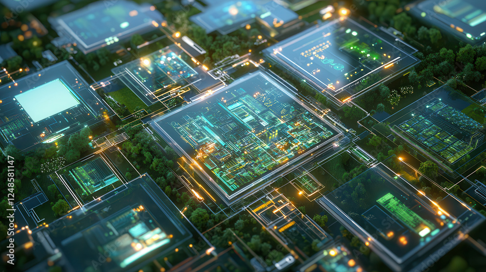 Aerial view of hyper connected digital city with glowing circuits and greenery. vibrant lights create futuristic atmosphere Aerial view of hyper connected digital city with glowing circuits and greenery. vibrant lights create futuristic atmosphere