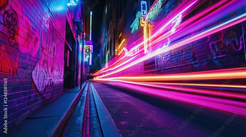 Fototapeta premium Neon city alley light trails, night photography, vibrant graffiti walls