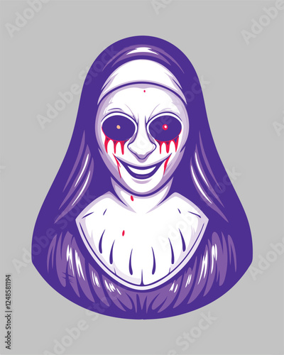 A terrifying possessed nun, dark hollow eyes, unsettling grin, ragged habit, demonic presence, dimly lit gothic setting.  Unsheathed dagger in hand.