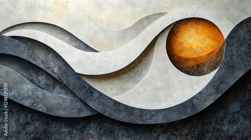 Abstract textured background with layered, curved forms in neutral tones and a glowing golden orb