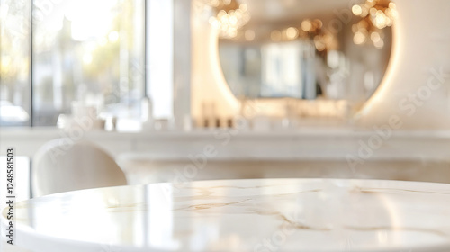 Shiny marble table surface on blurred background of beauty salon with empty space for placing skin or hair care product