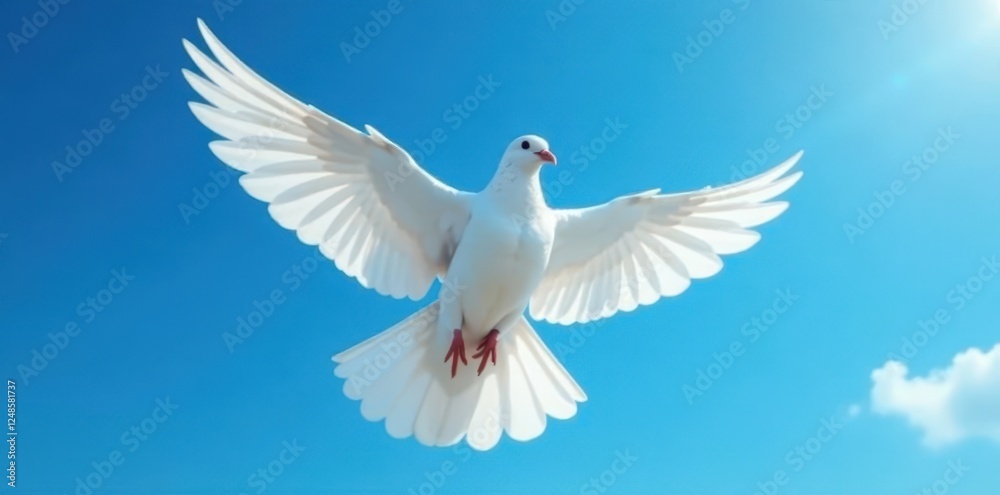Fototapeta premium Majestic white dove soars, wings outstretched against vibrant blue , bird flight, open wings, bird