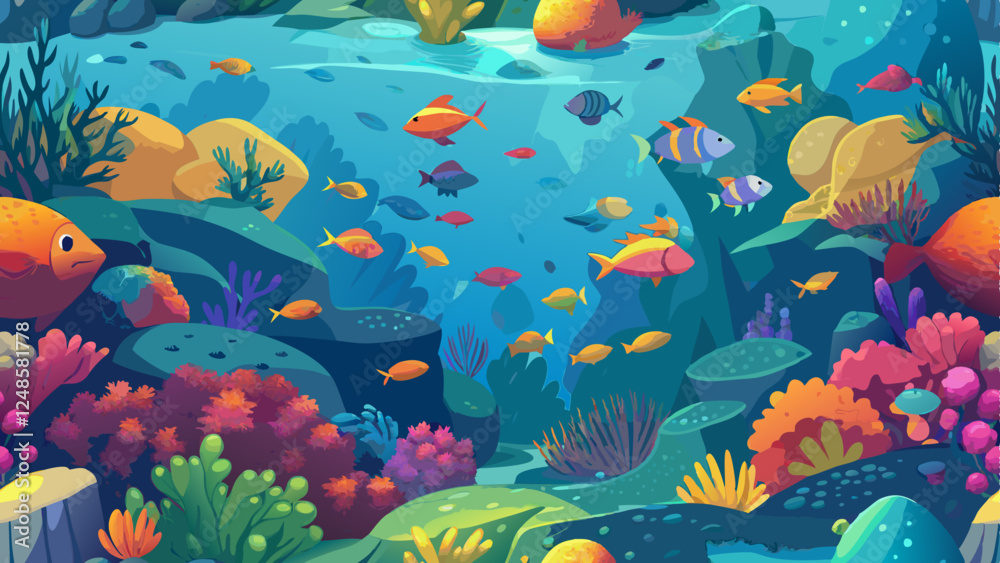Fototapeta premium Seamless coral reef pattern with fish in modern abstract style
